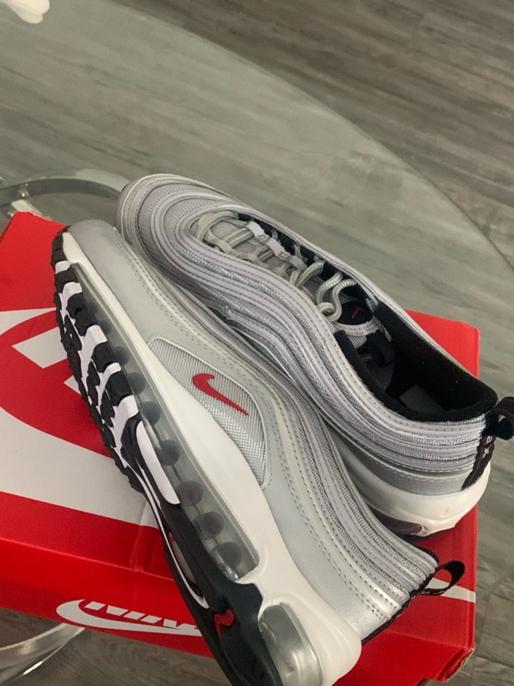 Nike Silver and Red Air Max 97 Sneakers